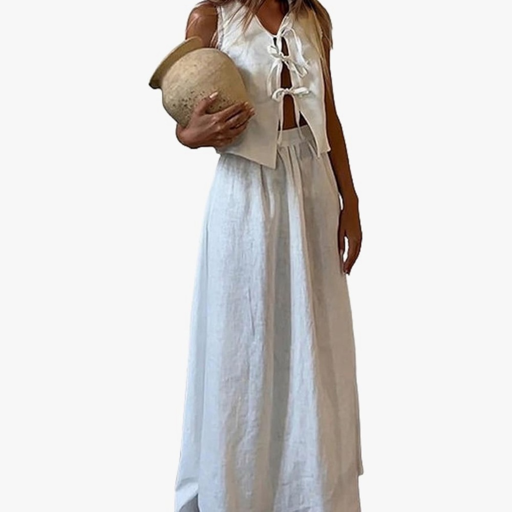 White Sleeveless Tie-Front Top and Maxi Skirt Set